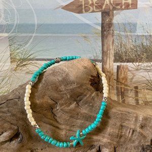 Aqua and Ivory Bead Starfish Stretch Anklet